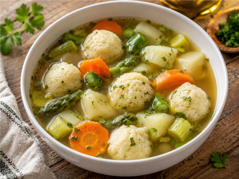 Spring Vegetable Stew with Semolina Dumplings